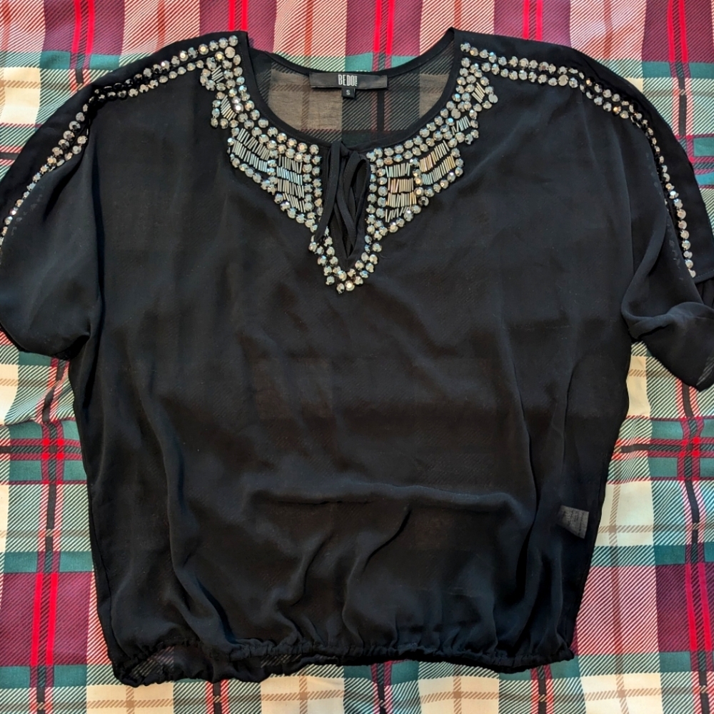 BEDO Black Mesh Embellished Drop Sleeve Top Silver Metal Details Small